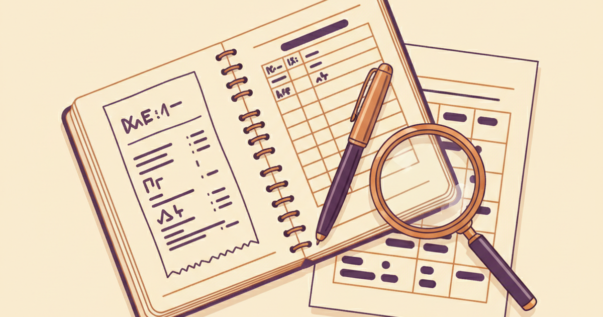 Flat-lay illustration of an open notebook, pen, and magnifying glass over a printed comparison table