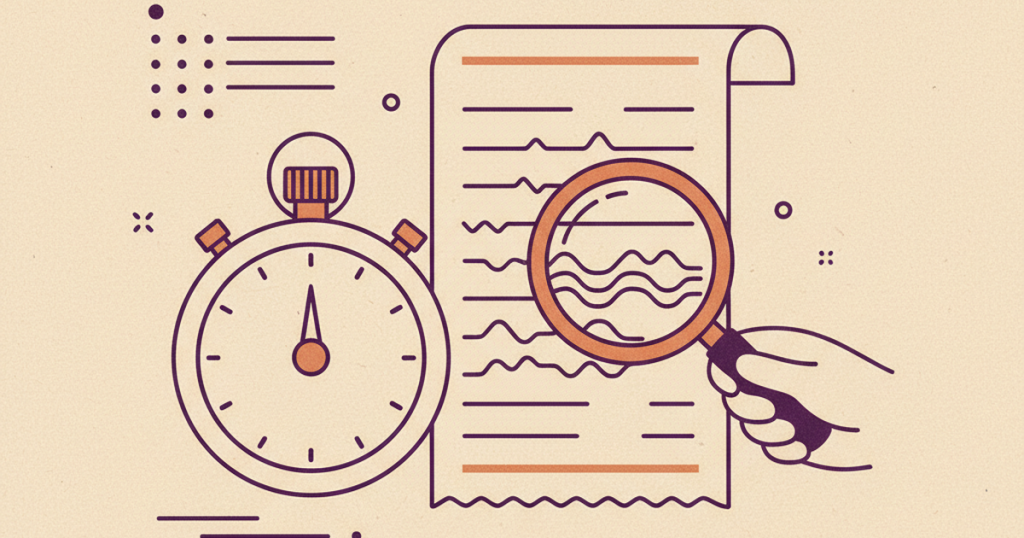 A stopwatch beside a printed receipt with fine print and a small magnifying glass