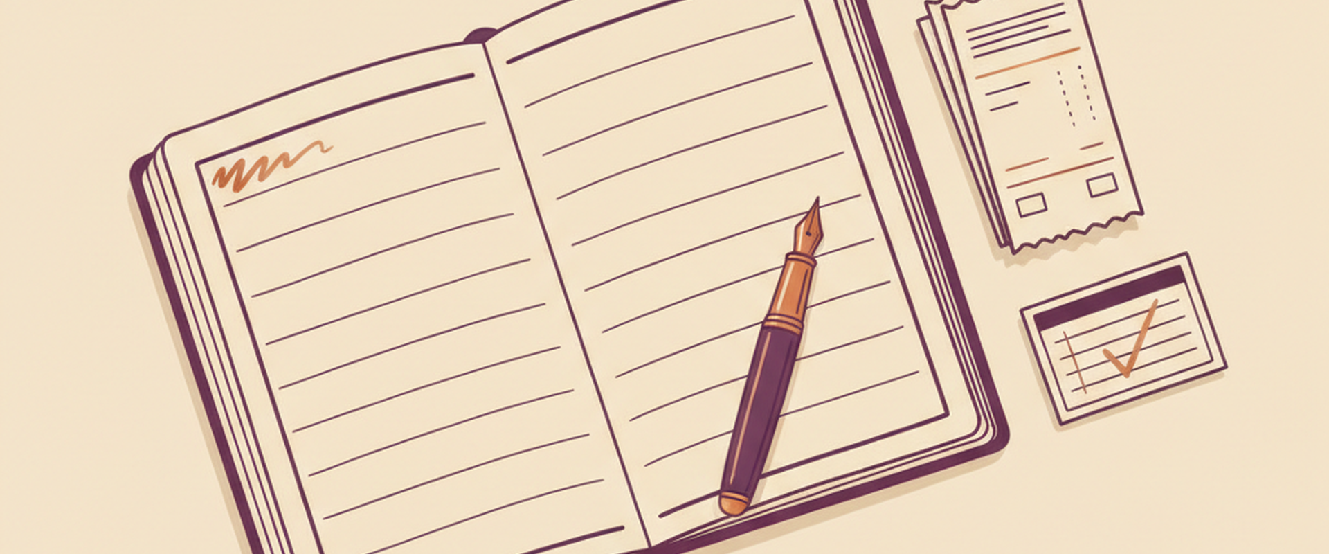 Flat-lay illustration of an open ledger, a fountain pen, and a stack of receipts, representing this site's sourced, receipt-style review method