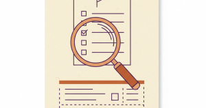 A magnifying glass hovering over a warning-flag icon on a checklist card