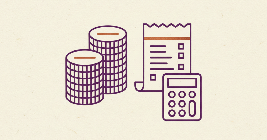 A stack of coins and a printed receipt beside a calculator icon