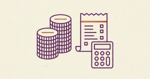 A stack of coins and a printed receipt beside a calculator icon