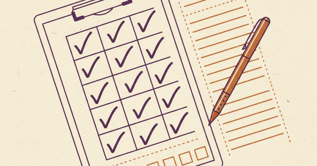 A clipboard holding a checklist card with a pen resting beside it