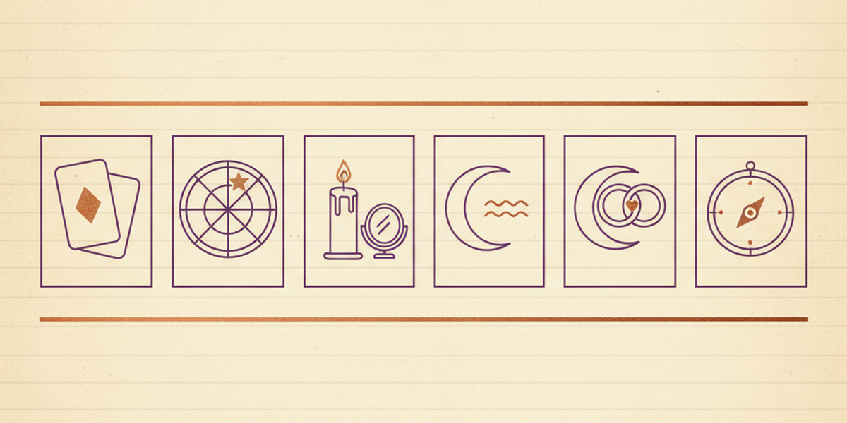 Six flat-icon tiles representing tarot, astrology, mediumship, dream interpretation, relationship, and career readings